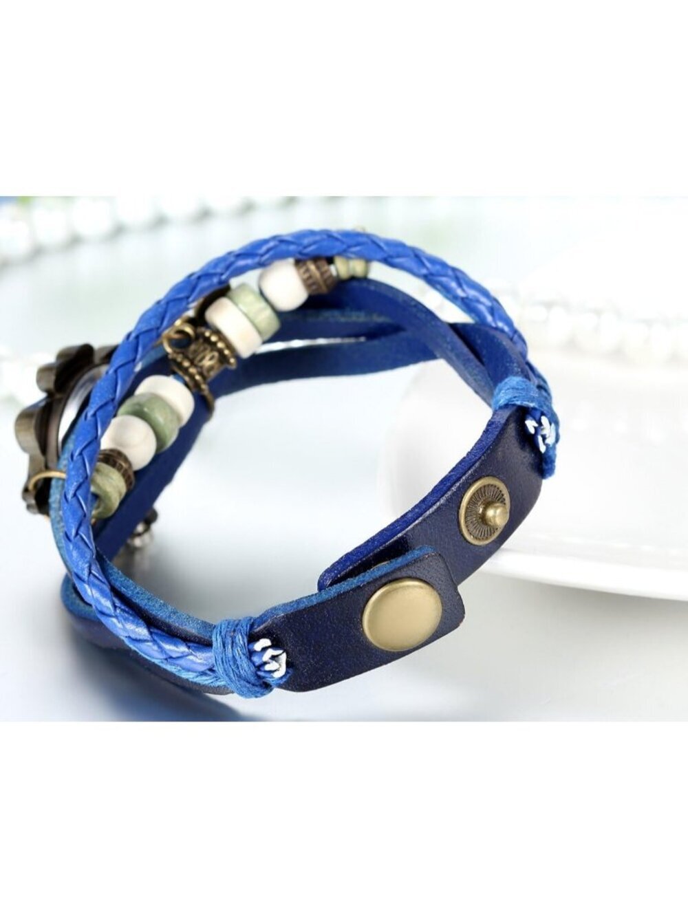 Women's Blue Analog Butterfly Bracelet Weave Wrap Around Leather Wrist Watch - Picture 4 of 6